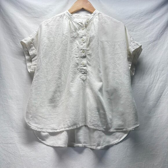 Uniqlo Linen Short Sleeve Button Up Blouse White GUC Women Size Small Hi Low Top - Picture 1 of 9